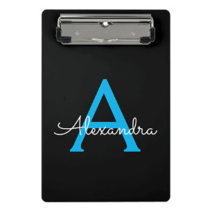 Blaue schwarze Schrift Mädchen Monogramm Name Mini Klemmbrett