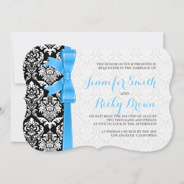 Blaue schwarze und weiße Damasken Hochzeit Einladung (Vorderseite)