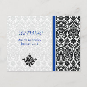 Blaue, schwarze, weiße Damast-RSVP-Postkarte Einladungspostkarte