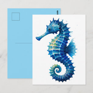 Blaue Seepferdchen-Wasserfarben-Kunst-Postkarte Postkarte