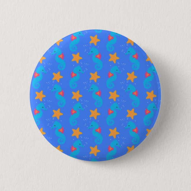 Blaue Seepferde und Starfish Muster Button (Vorderseite)