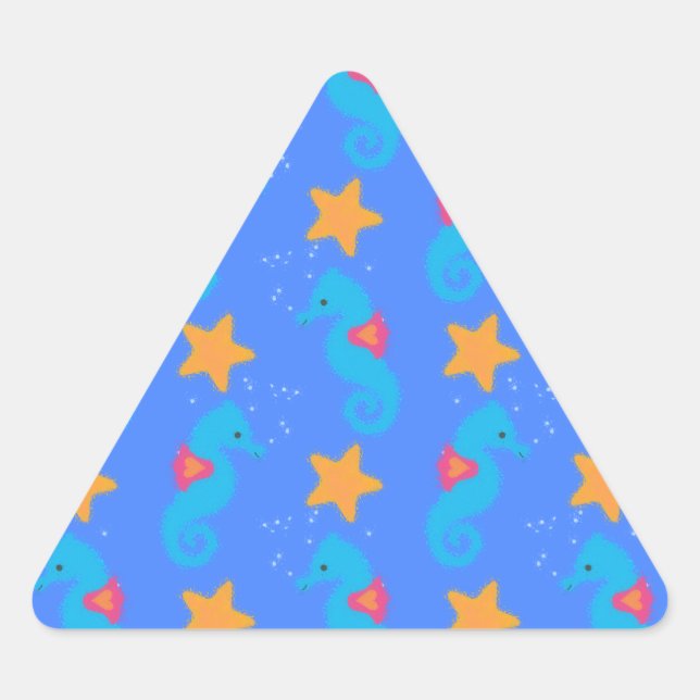 Blaue Seepferde und Starfish Muster Dreieckiger Aufkleber (Vorderseite)