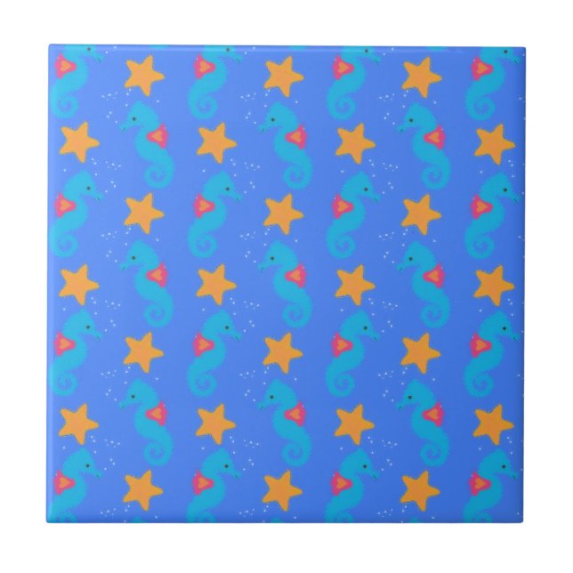 Blaue Seepferde und Starfish Muster Fliese (Vorderseite)