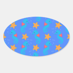 Blaue Seepferde und Starfish Muster Ovaler Aufkleber