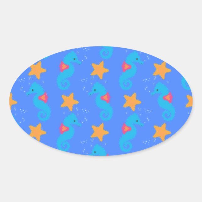 Blaue Seepferde und Starfish Muster Ovaler Aufkleber (Vorderseite)