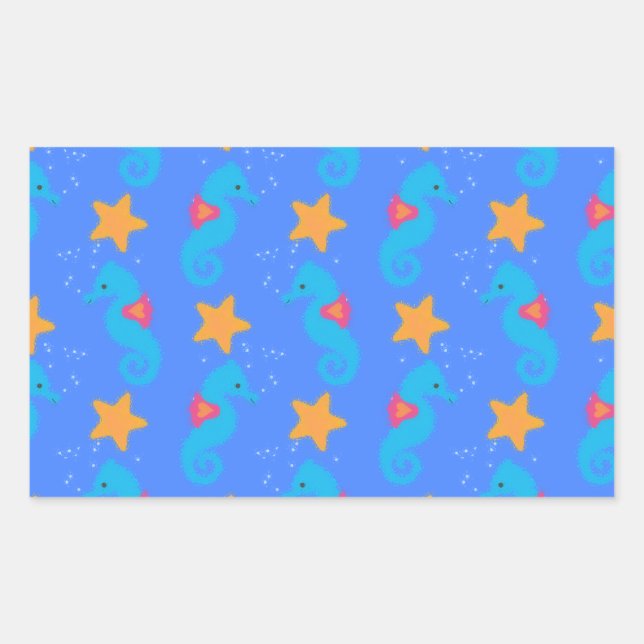 Blaue Seepferde und Starfish Muster Rechteckiger Aufkleber (Vorderseite)