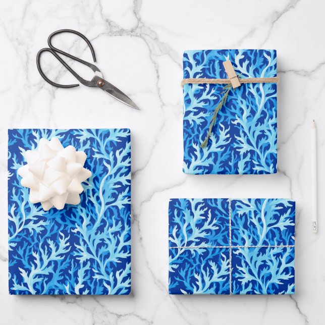 Blaue Seetang Küstenlinie Textile Muster Geschenkpapier Set (Vorderseite)