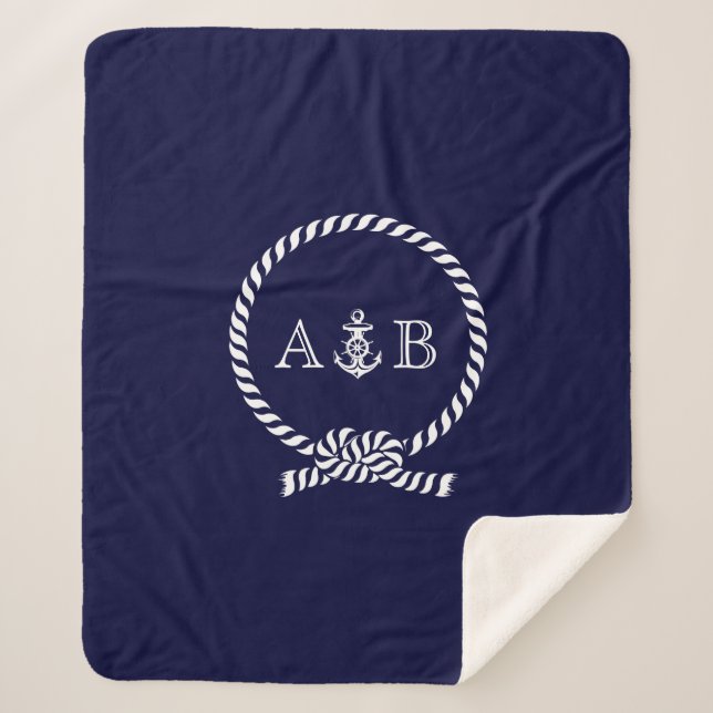 Blaue Seile und Anker Mit Monogramm Sherpadecke (Vorderseite)