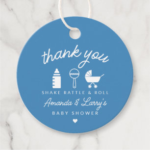 Blaue Shake Rattle and Roll Babyparty Geschenkanhänger