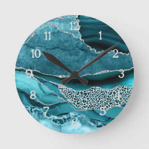 Blaue Silber-Achat-Glitter-Safari-LEopard-Druck Runde Wanduhr