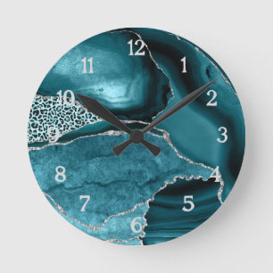 Blaue Silber-Achat-Safari-Glitter-Leoparden-Druck  Runde Wanduhr