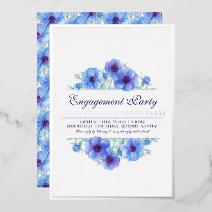 Blaue Silber-Anemone Blumen-Aquarell Verlobung Folieneinladung