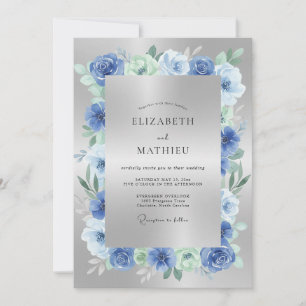 Blaue Silber Botanische Blütenhochzeit Einladung