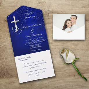Blaue Silber Christliche Cross Foto Template Hochz All In One Einladung