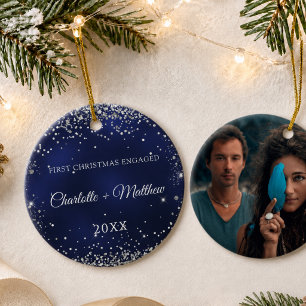 Blaue Silber-Glitter-Funken verlobtes Foto Keramik Ornament
