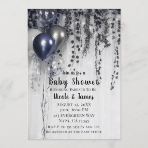 Blaue Silber Metallic Ballons Efeu Babyparty Einladung