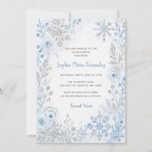 Blaue Silber-Schneeflocken Florale Winter Quinceañ Einladung