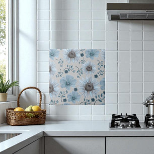 Blaue Silber-Wasserfarben-Blumen  Fliese