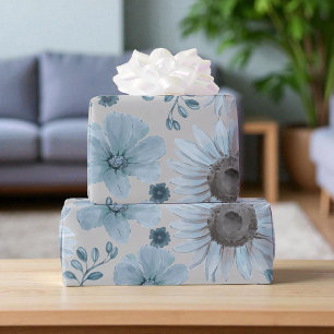 Blaue Silber-Wasserfarben-Blumen  Geschenkpapier