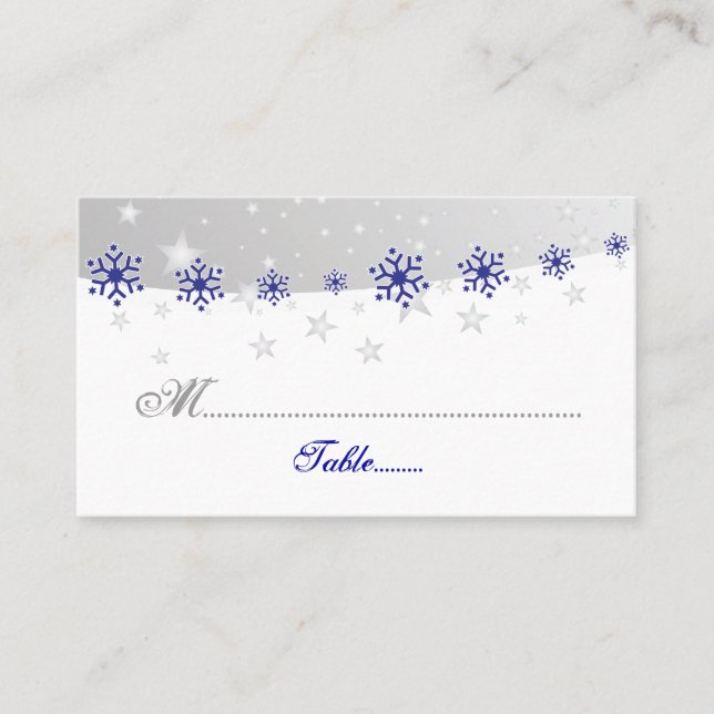 Blaue, silbergraue Schneeflocke Hochzeitsfeier Pla Platzkarte (Vorderseite)