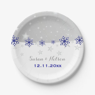 Blaue, silbergraue Schneeflocke moderne Hochzeit Pappteller