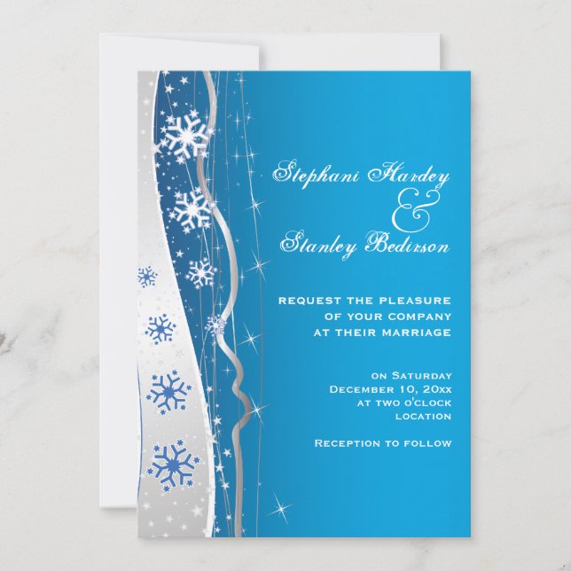Blaue, silbergraue Schneeflocke Winterhochzeit Einladung (Vorderseite)