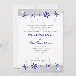 Blaue, silbergraue Schneeflockenhochzeit Einladung