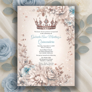 Blaue Silberkrone Florale Quinceañera Einladung
