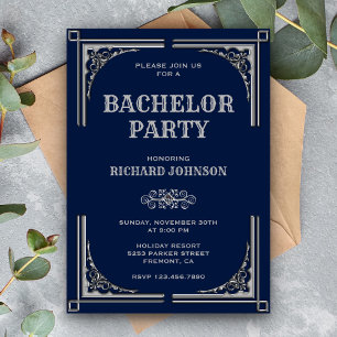 Blaue silberne Art Deco-Junggesellenabschied Party Einladung