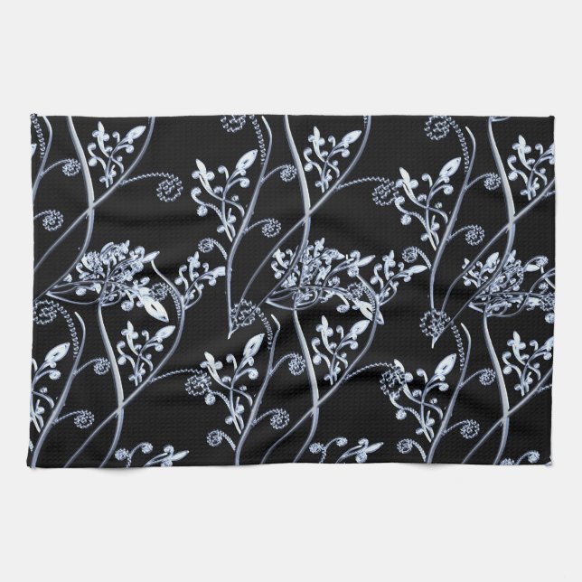Blaue silberne Blumen-Reben auf Schwarzem Geschirrtuch (Horizontal)