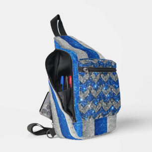 BLAUE & SILBERNE GLITZER-Optik-STREIFEN & HERZEN Crossbody Bag