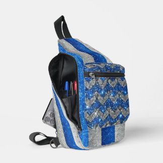 BLAUE & SILBERNE GLITZER-Optik-STREIFEN & HERZEN Crossbody Bag