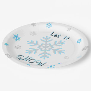 Blaue silberne graue Schneeflocken Lass es schneie Pappteller