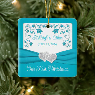 Blaue silberne Liebesherzen Hochzeit 1. Weihnachte Keramikornament