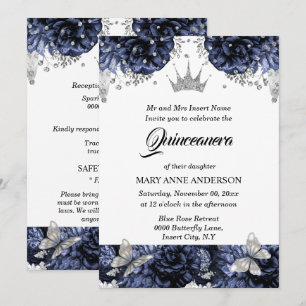 Blaue Silberschmetterling-Rose quinceanera Einladung