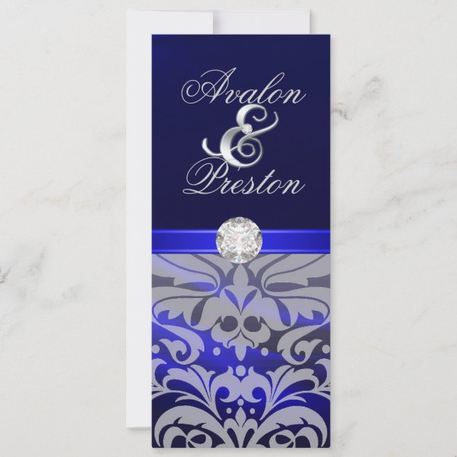 Blaue Silk Diamant-Damast-Hochzeits-Einladung Einladung (Vorderseite)
