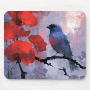Blaue Singvögel mit kirschroten Blüten Mousepad