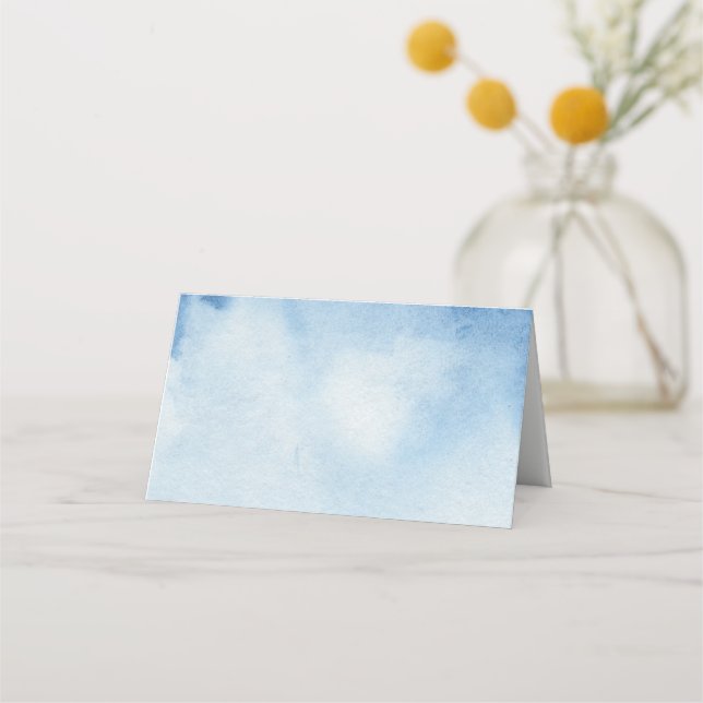 Blaue Sitzkarte in Aquarellfarben. Moderne Hochzei Platzkarte (Vorderseite)