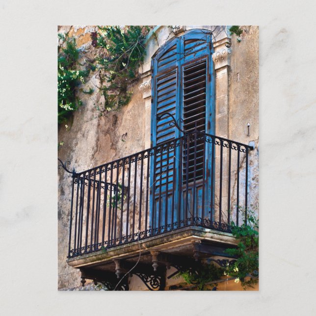 Blaue sizilianische Tür auf dem Balkon Postkarte (Vorderseite)