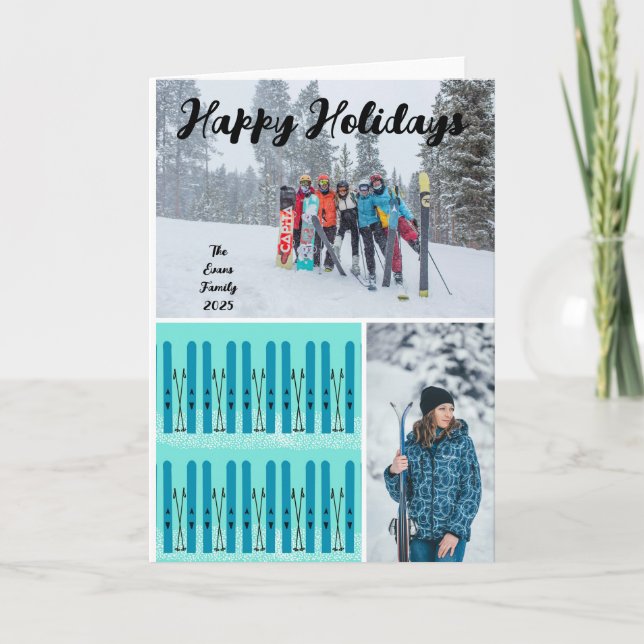 Blaue Skier mit Schnee Karte (Vorderseite)