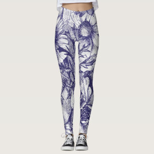 Blaue Skizze Blume Muster Leggings