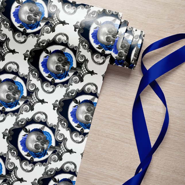 BLAUE SKULLS VINTAGE KREEPITCHRISTMAS GESCHENKPAPIER (royal blue skulls vintage retro creepy christmas halloween gosth monster fear of the dark)