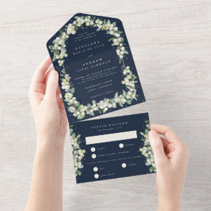 Blaue Snowberry+Eukalyptus Winter Wedding All In One Einladung