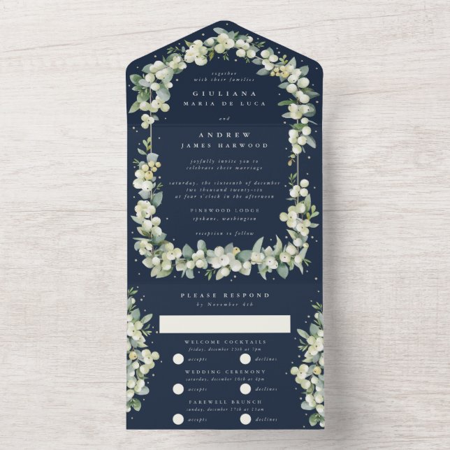 Blaue Snowberry+Eukalyptus Winter Wedding All In One Einladung (Innen)