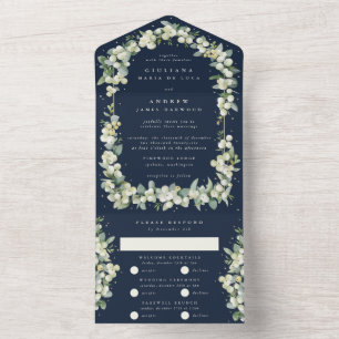 Blaue Snowberry+Eukalyptus Winter Wedding All In One Einladung