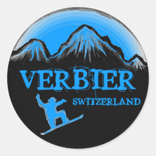 Blaue Snowboardaufkleber in der Verbier Schweiz Runder Aufkleber