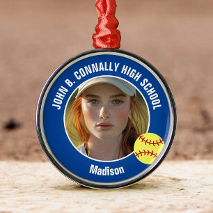 Blaue Softball-Spielerin Foto High School Weihnach Ornament Aus Metall