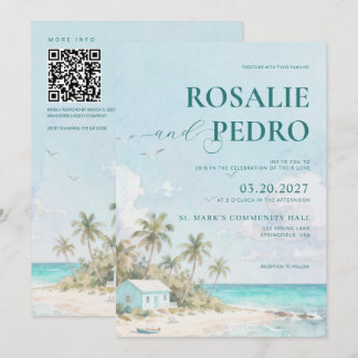 Blaue Sommerstrand-Wasserfarbe QR-Code-Hochzeit Einladung