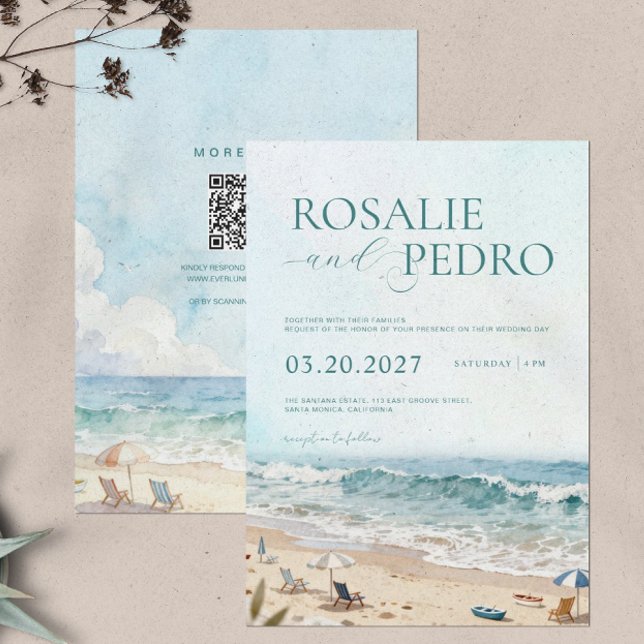 Blaue Sommerstrand-Wasserfarbe-QR-Code-Hochzeit Einladung (Von Creator hochgeladen)