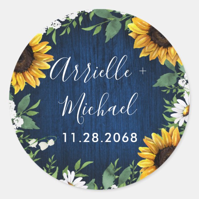 Blaue Sonnenblume Rustikale Gastgeschenk Hochzeit Runder Aufkleber (Vorderseite)